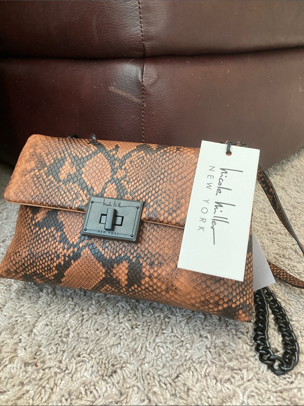 Nicole Miller Brown Snake-Print Crossbody Bag